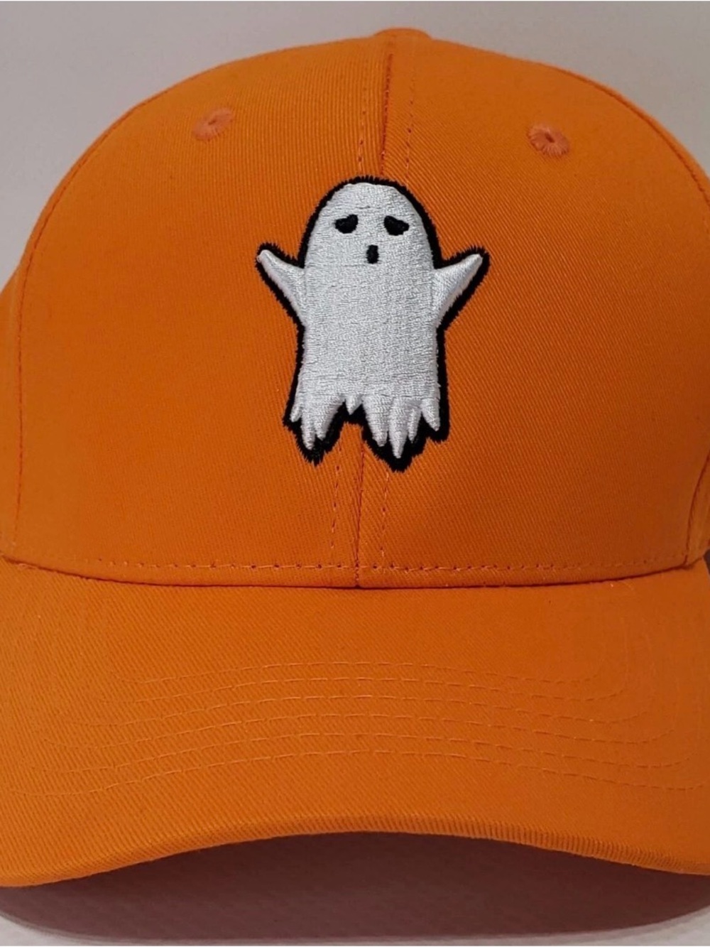 Ghost Embroidered Low Crown Cap - Halloween Colors Orange & White